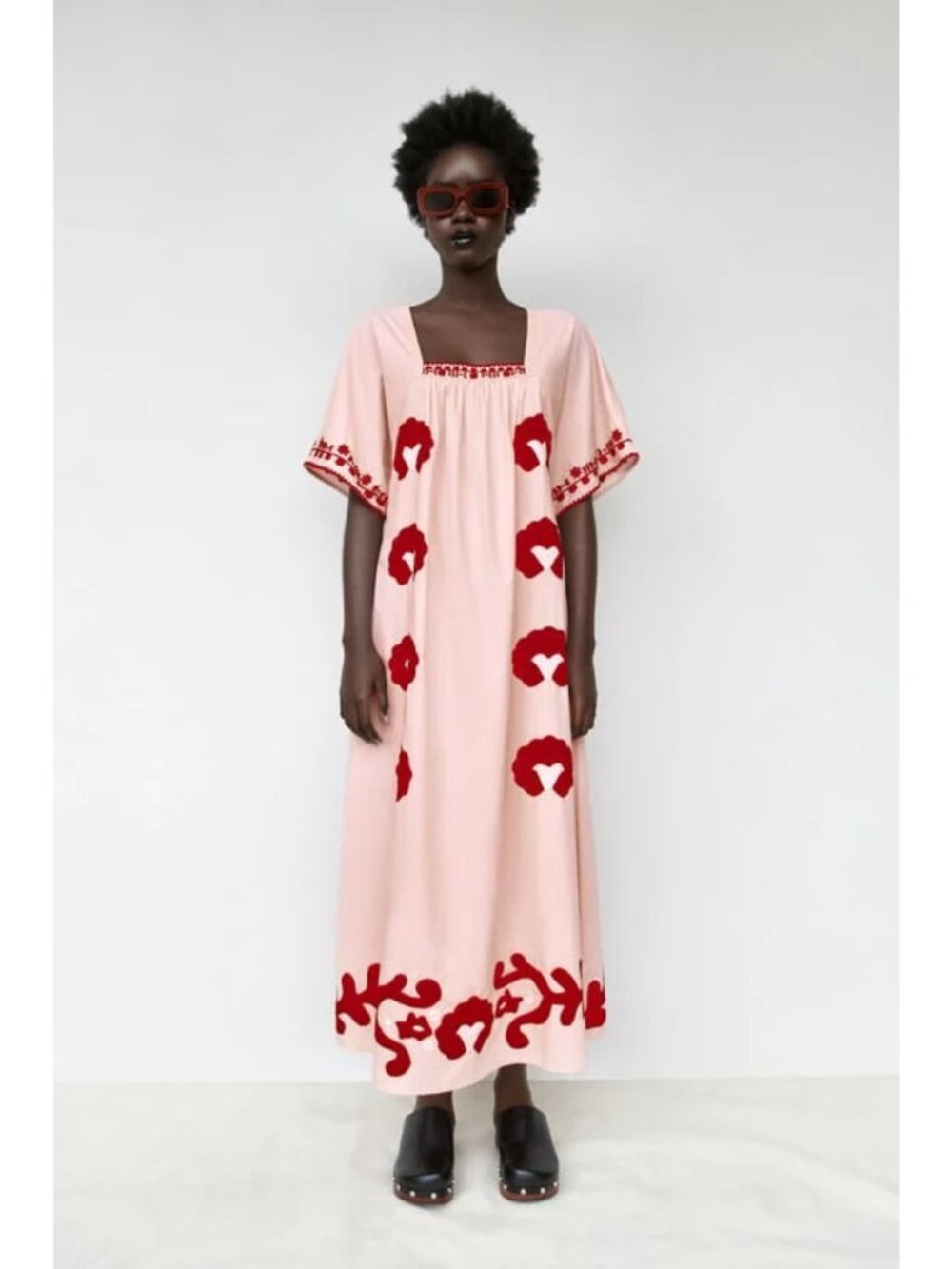 ZARA Limited Edition Embroidered Pink and Red Cotton Swing Dress Size Small